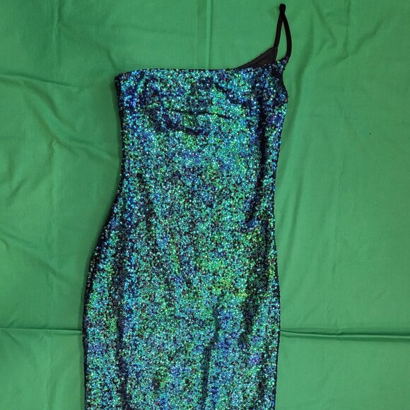 Lulus Sequin Dress Green & Blue Size XS One Shoulder Slit Prom HOCO NWT - Picture 1 of 6